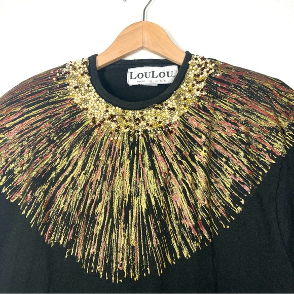 Vintage Loulou 80s Beaded Hand Painted Top Black Gold Crew Neck Short Sleeves - Picture 2 of 14